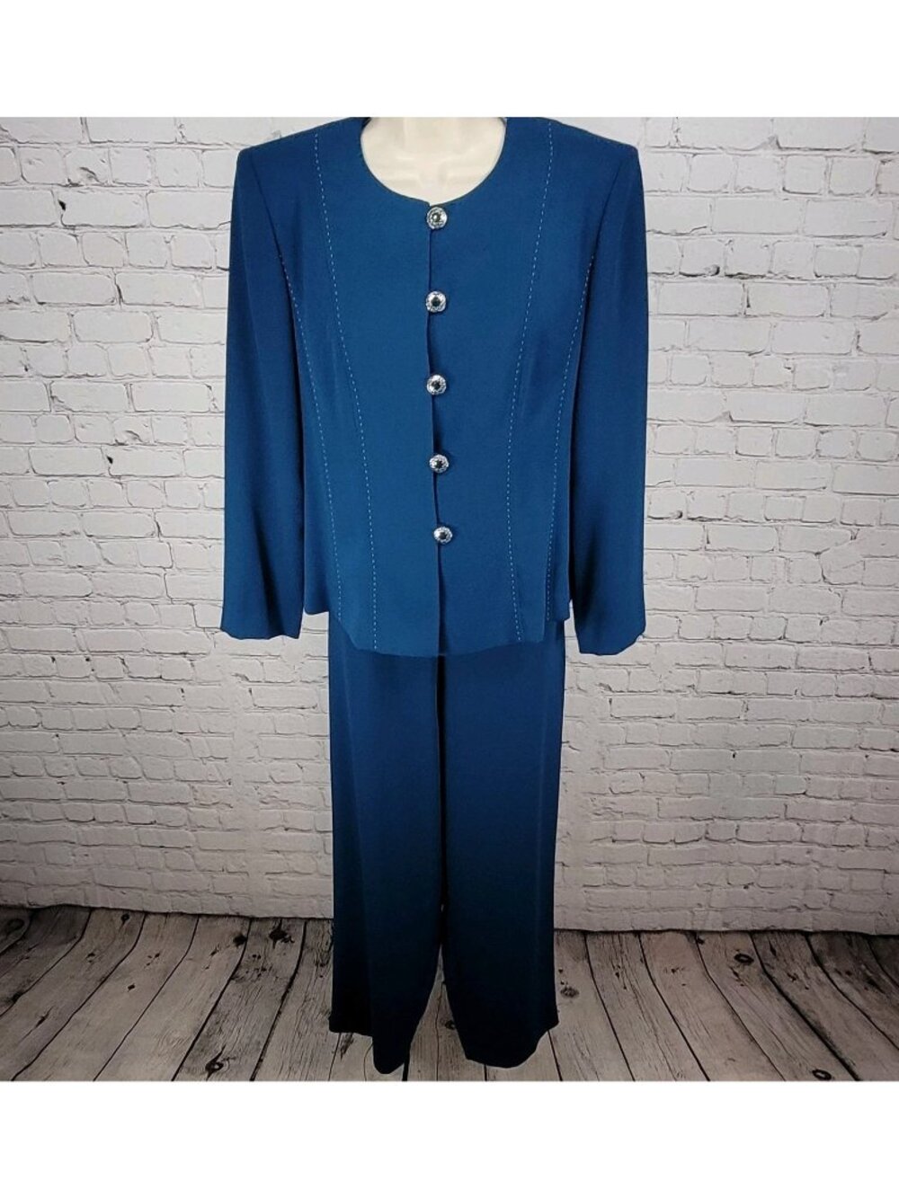 VTG Leslie Fay Blue 2 Piece Outfit Set Suit Petite Jacket 10P Pant 12P (28x27.5)